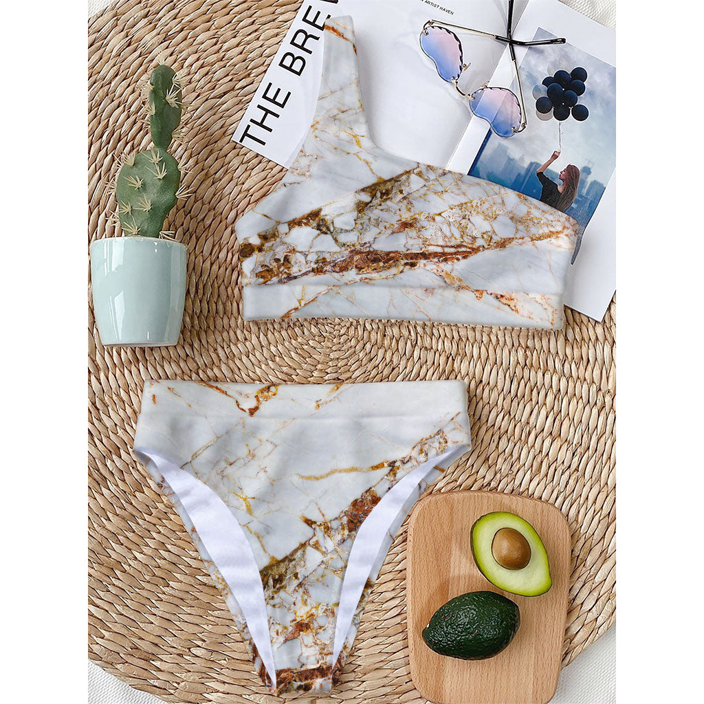 White Gold Grunge Marble Print One Shoulder Bikini Top