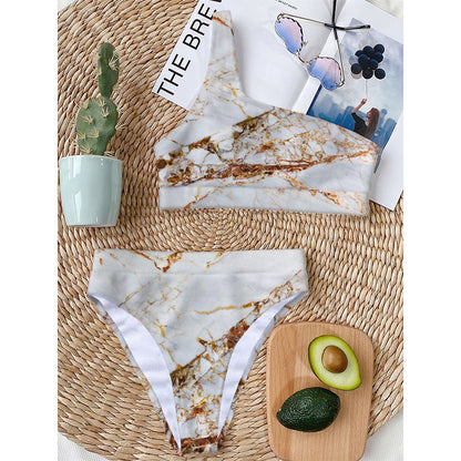 White Gold Grunge Marble Print One Shoulder Bikini Top