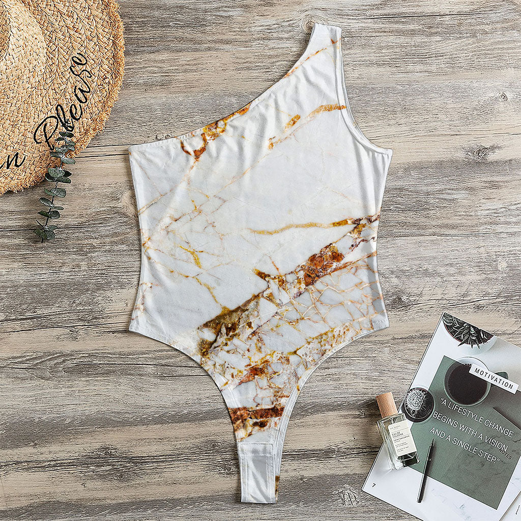White Gold Grunge Marble Print One Shoulder Bodysuit