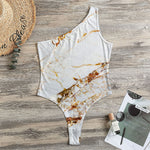 White Gold Grunge Marble Print One Shoulder Bodysuit