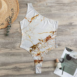 White Gold Grunge Marble Print One Shoulder Bodysuit
