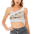 White Gold Grunge Marble Print One Shoulder Crop Top