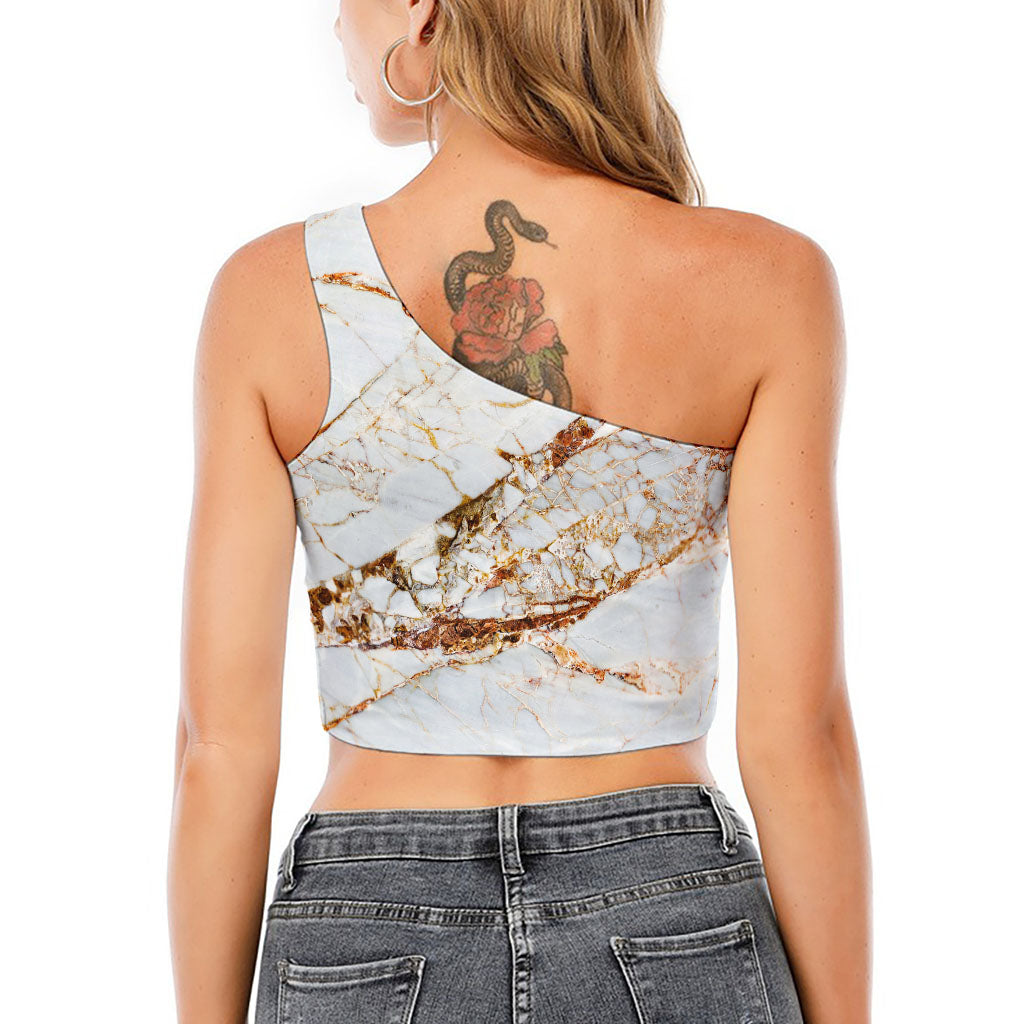 White Gold Grunge Marble Print One Shoulder Crop Top