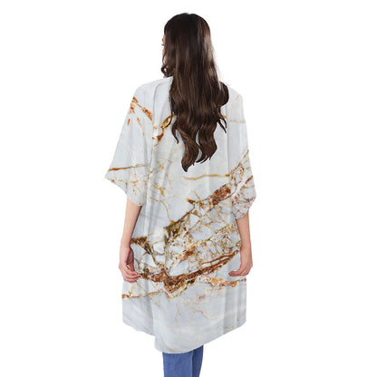 White Gold Grunge Marble Print Open Front Beach Cover Up