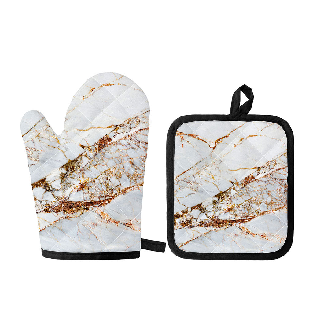 White Gold Grunge Marble Print Oven Mitt And Pot Holder Set