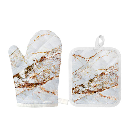 White Gold Grunge Marble Print Oven Mitt And Pot Holder Set