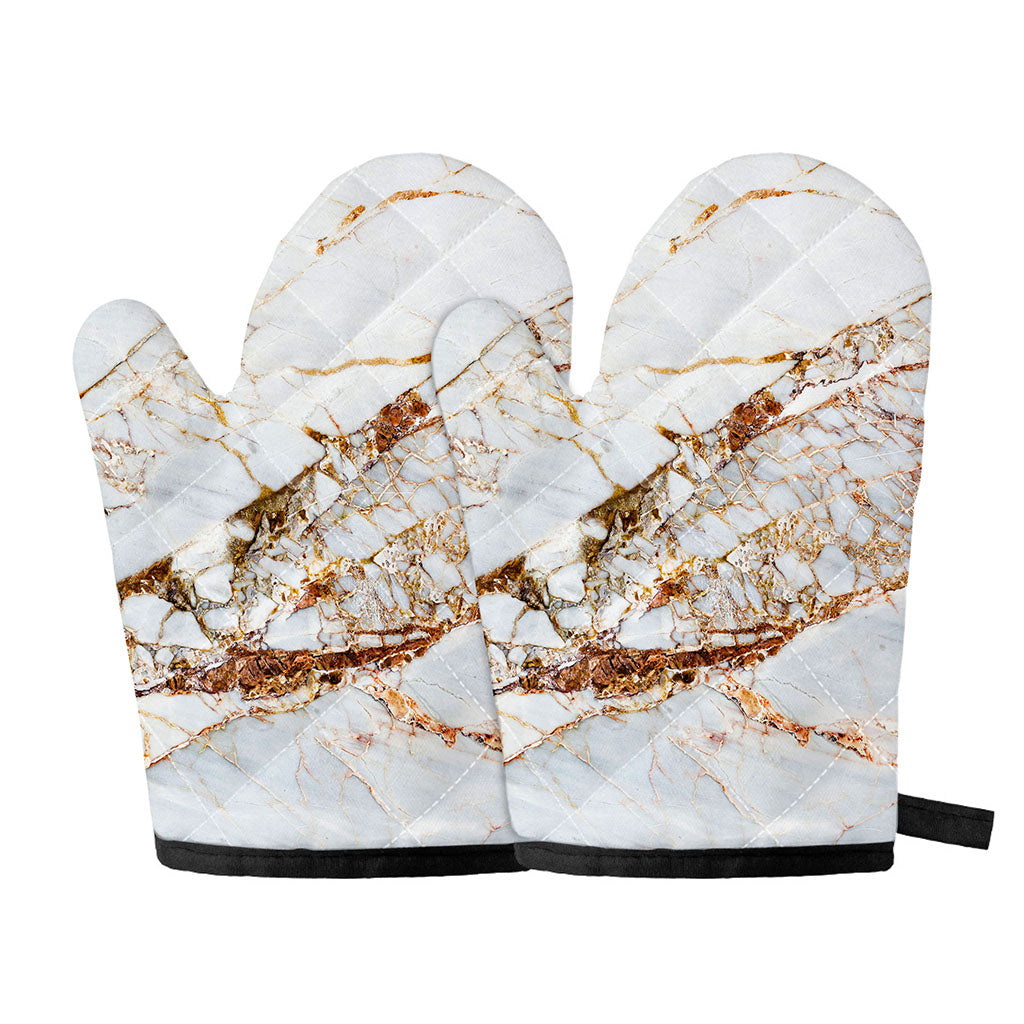 White Gold Grunge Marble Print Oven Mitts