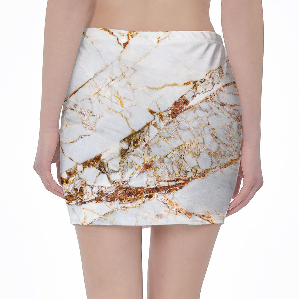 White Gold Grunge Marble Print Pencil Mini Skirt