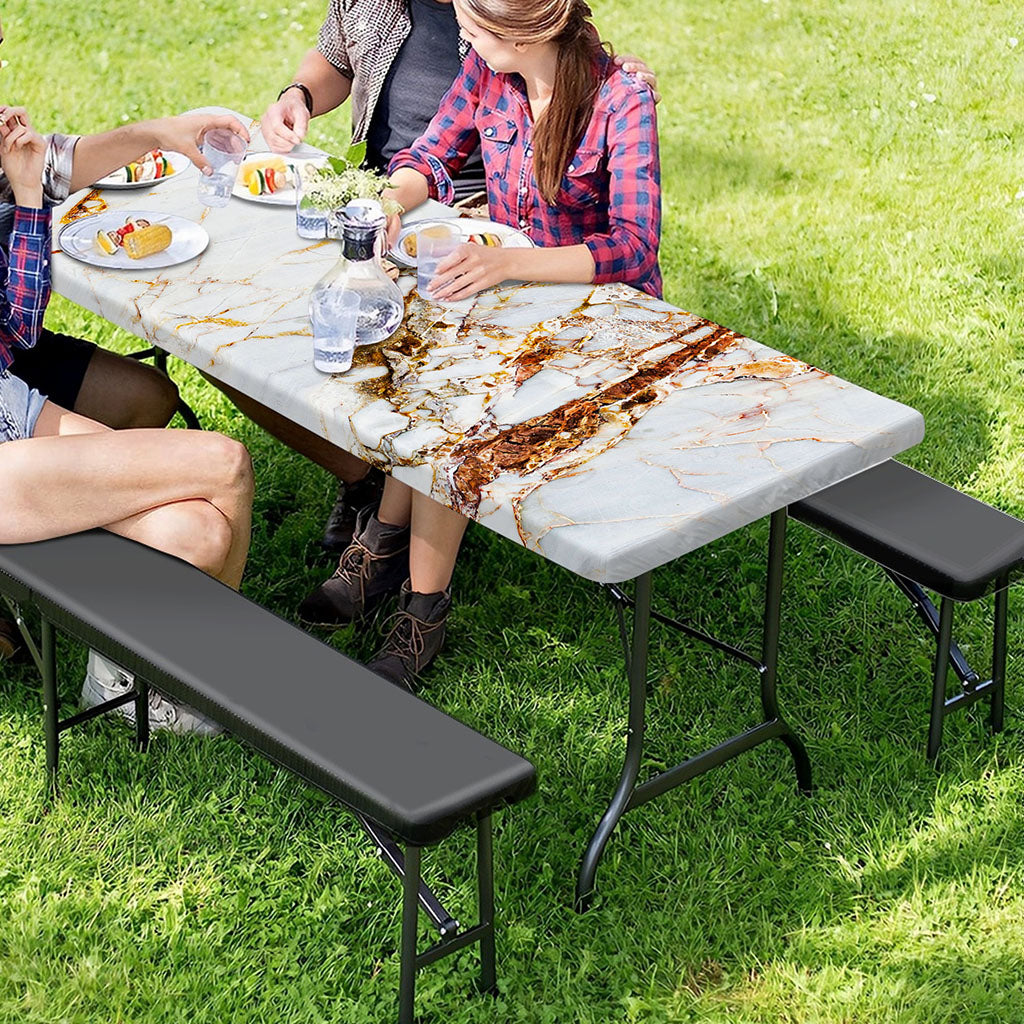White Gold Grunge Marble Print Picnic Table Cover