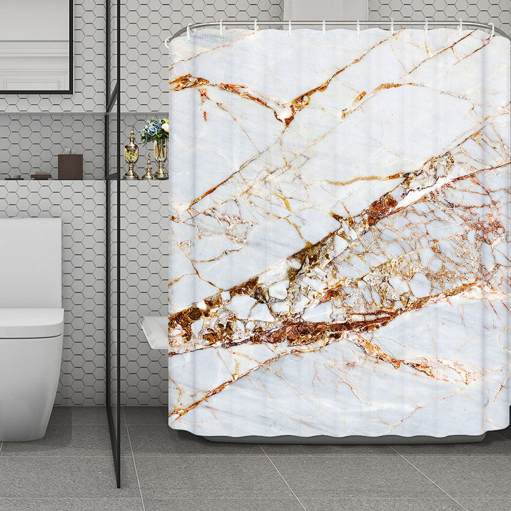White Gold Grunge Marble Print Polyester Shower Curtain