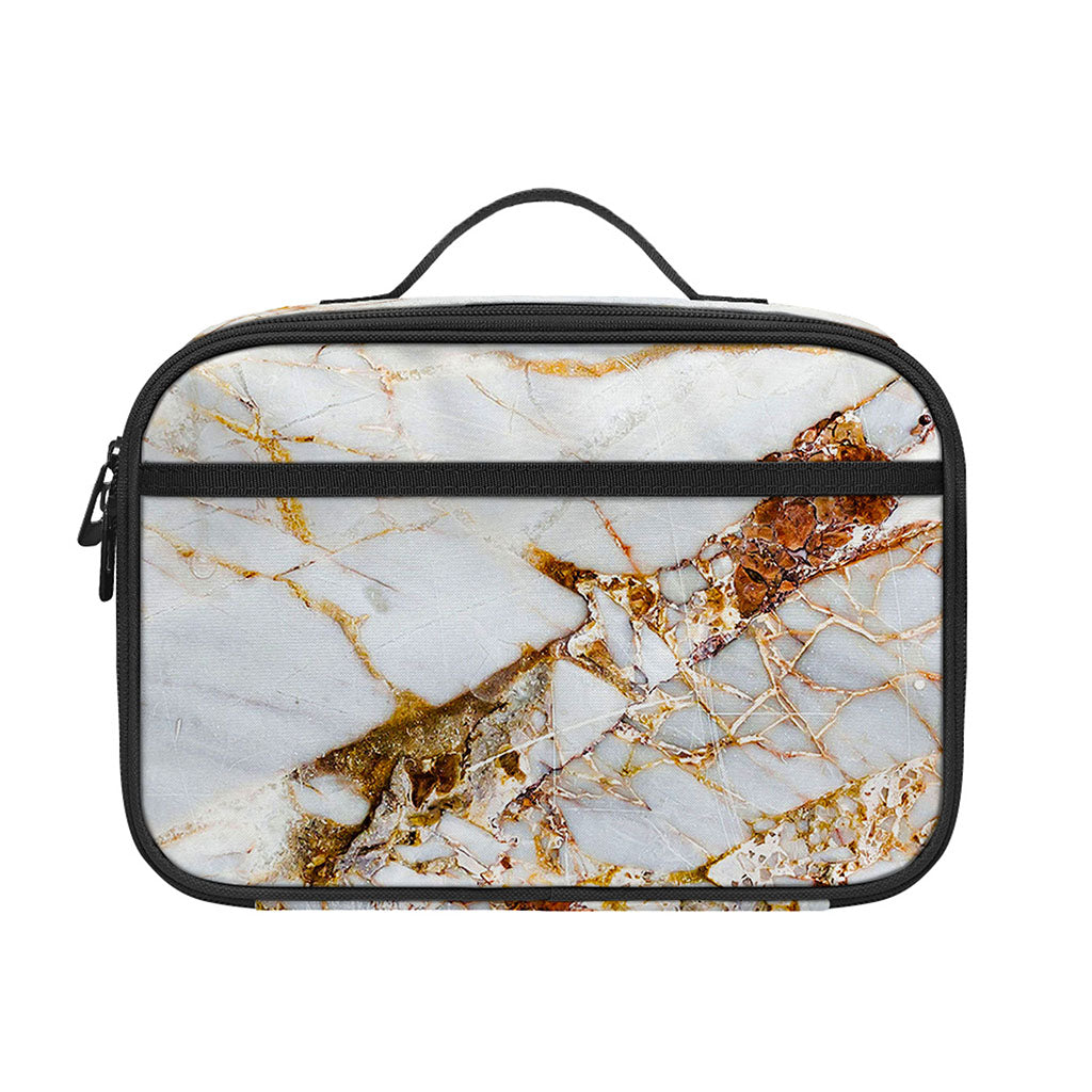 White Gold Grunge Marble Print Portable Lunch Bag