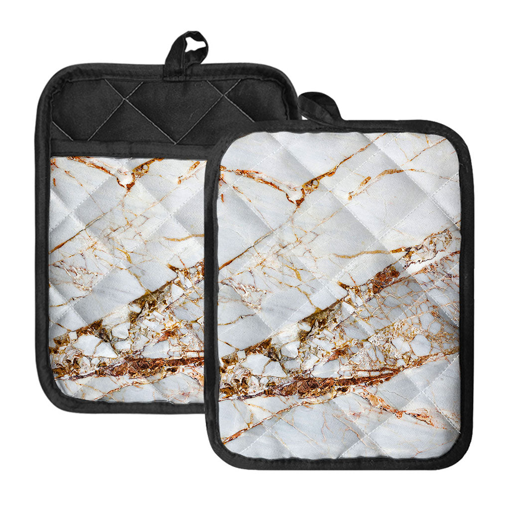 White Gold Grunge Marble Print Pot Holders With Pocket