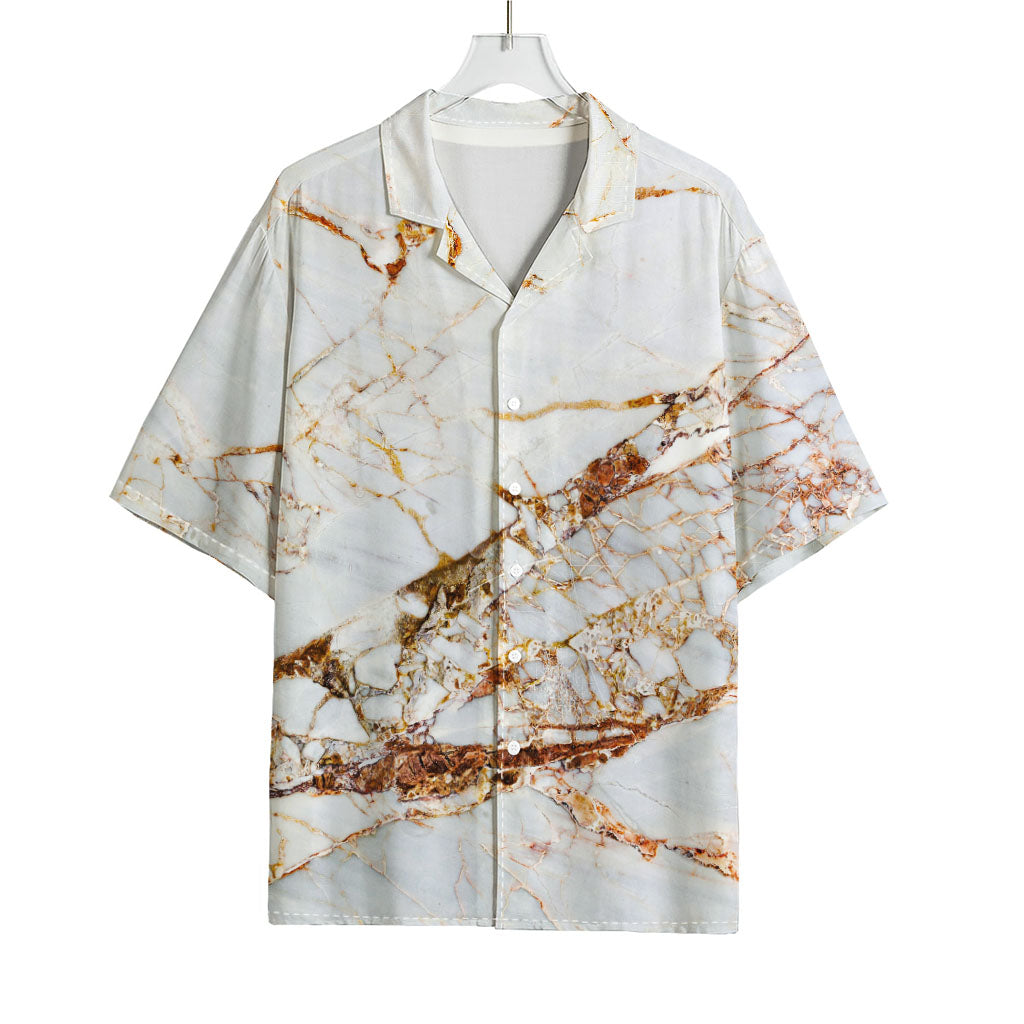White Gold Grunge Marble Print Rayon Hawaiian Shirt