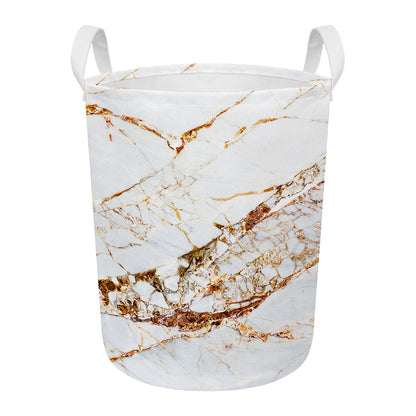 White Gold Grunge Marble Print Round Laundry Basket