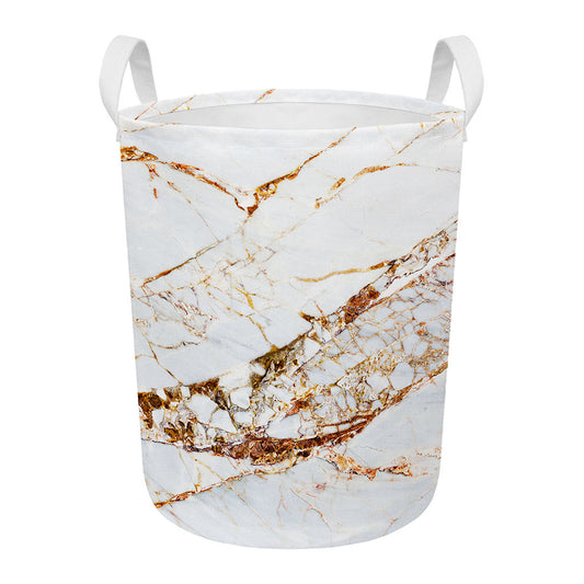 White Gold Grunge Marble Print Round Laundry Basket