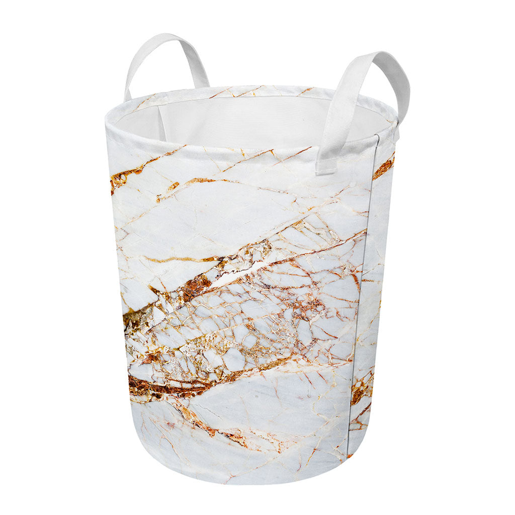 White Gold Grunge Marble Print Round Laundry Basket