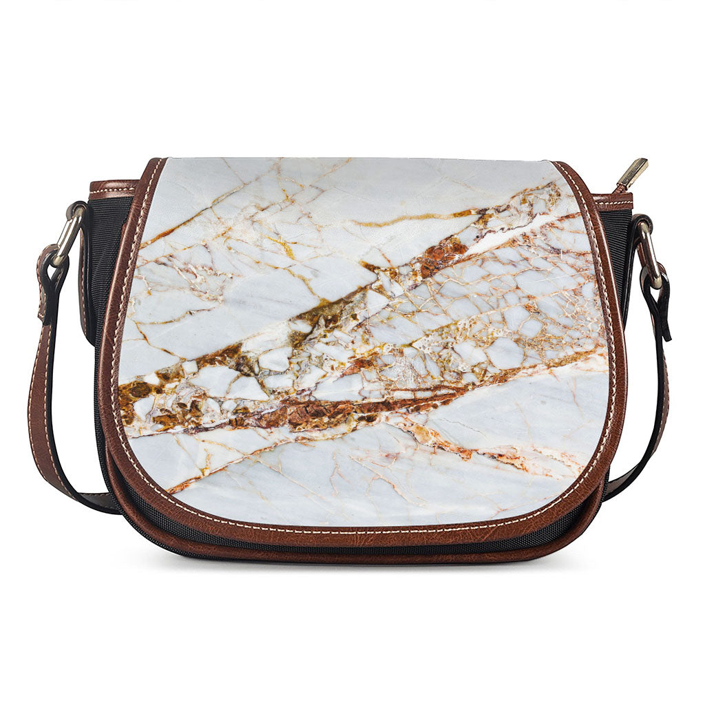 White Gold Grunge Marble Print Saddle Bag