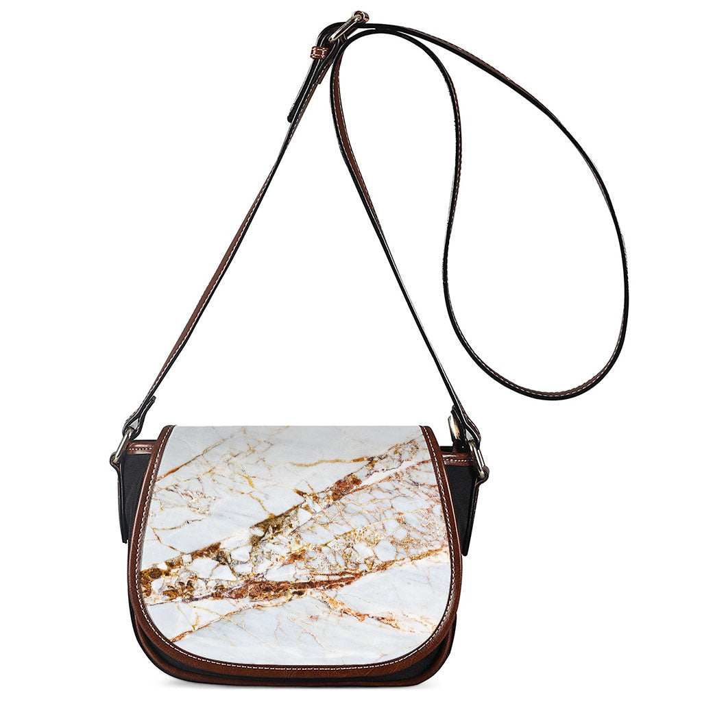 White Gold Grunge Marble Print Saddle Bag