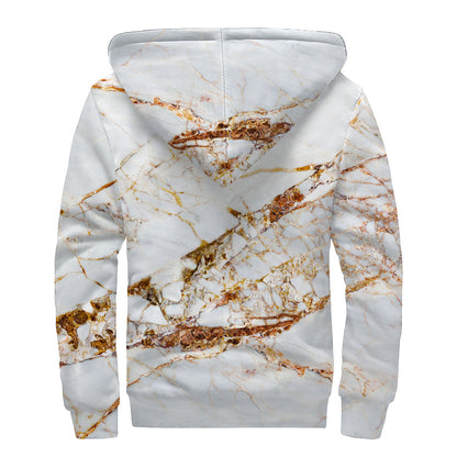 White Gold Grunge Marble Print Sherpa Lined Zip Up Hoodie