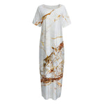 White Gold Grunge Marble Print Short Sleeve Long Nightdress