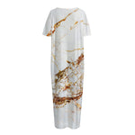 White Gold Grunge Marble Print Short Sleeve Long Nightdress