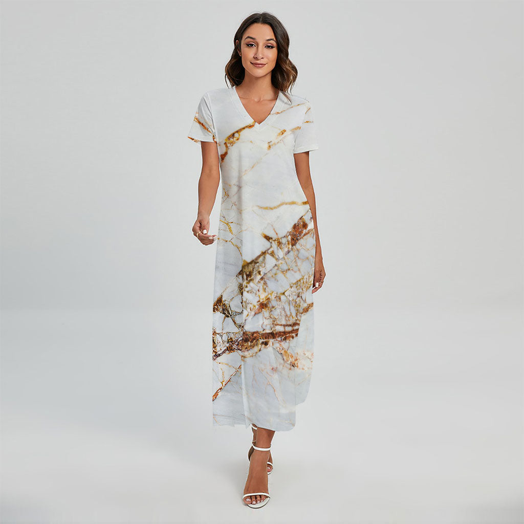 White Gold Grunge Marble Print Short Sleeve Maxi Dress