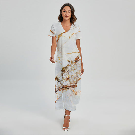 White Gold Grunge Marble Print Short Sleeve Maxi Dress