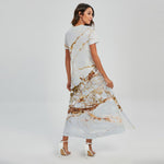 White Gold Grunge Marble Print Short Sleeve Maxi Dress