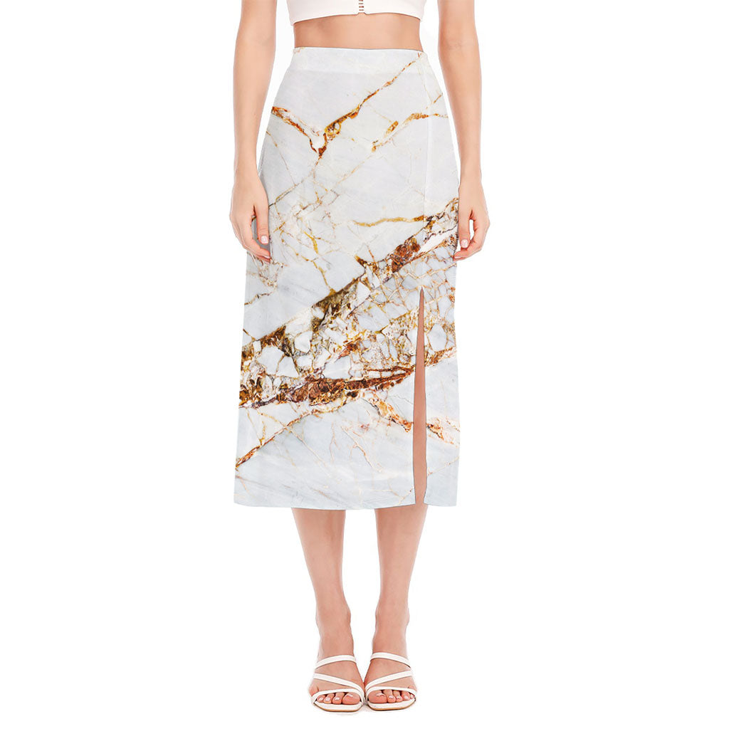 White Gold Grunge Marble Print Side Slit Midi Skirt