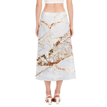 White Gold Grunge Marble Print Side Slit Midi Skirt