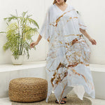 White Gold Grunge Marble Print Silk V-Neck Kaftan Dress