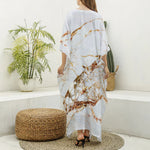 White Gold Grunge Marble Print Silk V-Neck Kaftan Dress