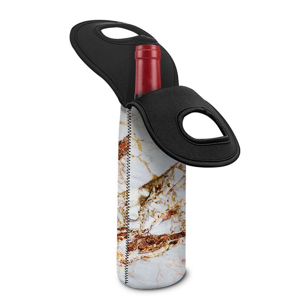 White Gold Grunge Marble Print Single Neoprene Wine Tote