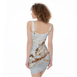White Gold Grunge Marble Print Sleeveless Bodycon Dress