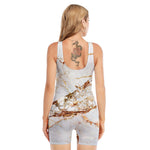 White Gold Grunge Marble Print Sleeveless One Piece Swimsuit