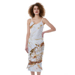 White Gold Grunge Marble Print Slim Fit Midi Cami Dress