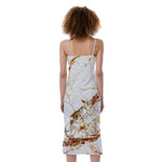 White Gold Grunge Marble Print Slim Fit Midi Cami Dress