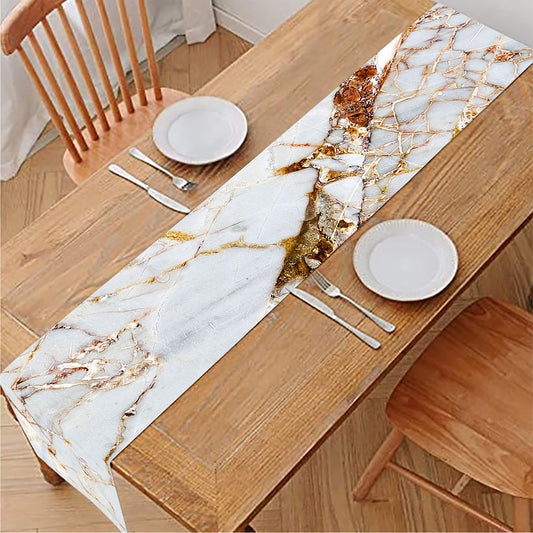 White Gold Grunge Marble Print Table Runner