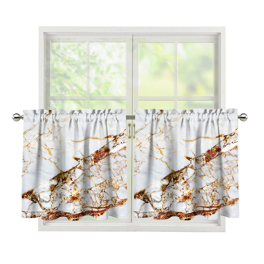 White Gold Grunge Marble Print Tier Curtains