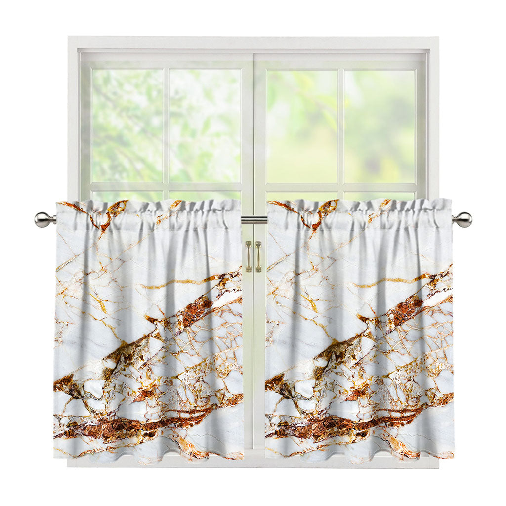 White Gold Grunge Marble Print Tier Curtains