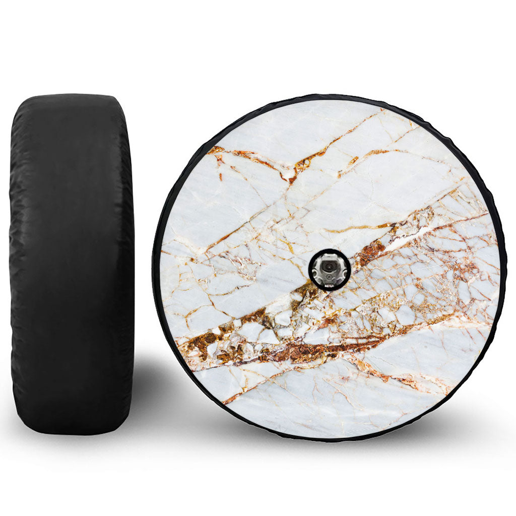 White Gold Grunge Marble Print Tire Cover With Camera Hole