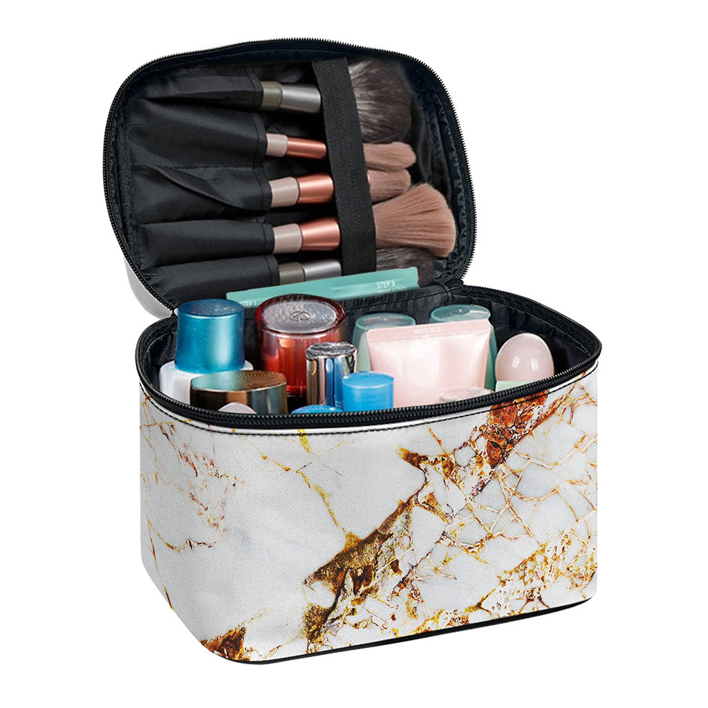 White Gold Grunge Marble Print Travel Makeup Bag