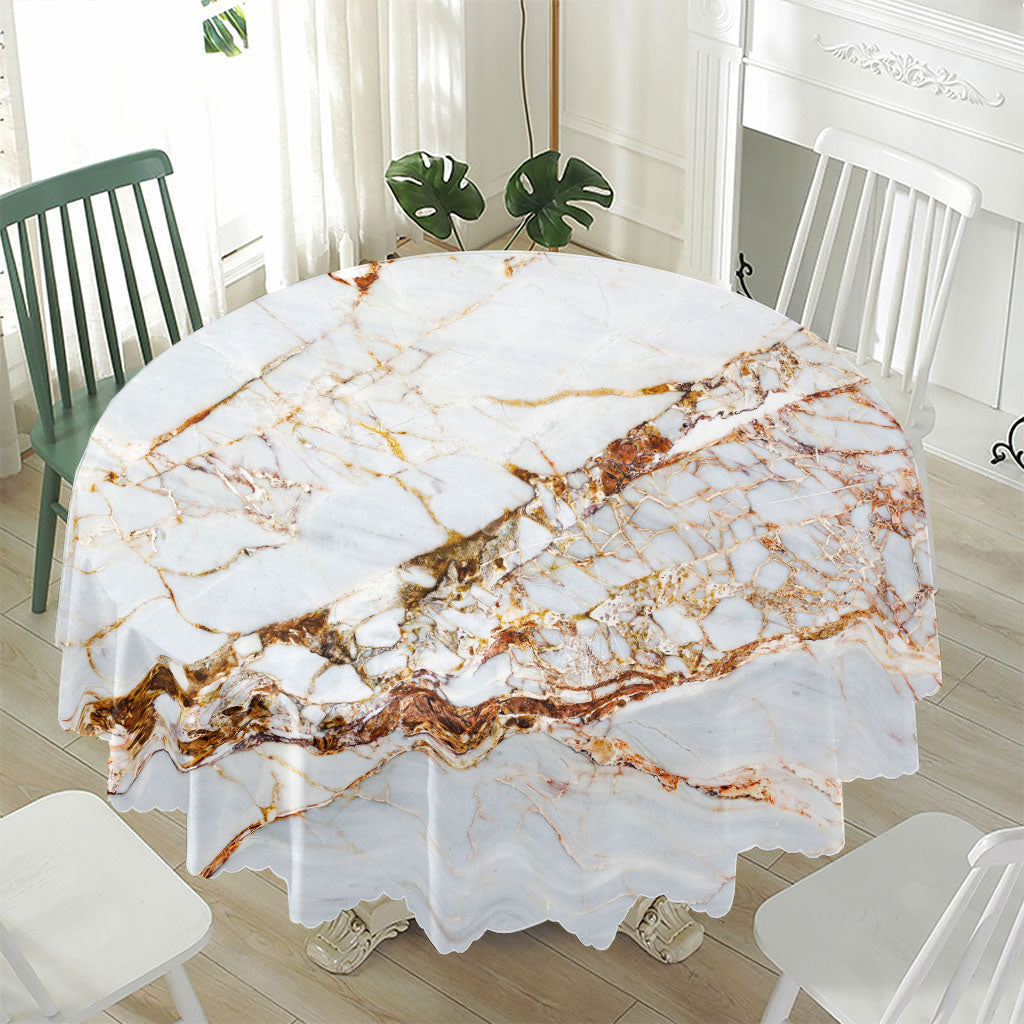 White Gold Grunge Marble Print Waterproof Round Tablecloth
