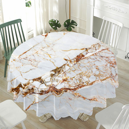 White Gold Grunge Marble Print Waterproof Round Tablecloth