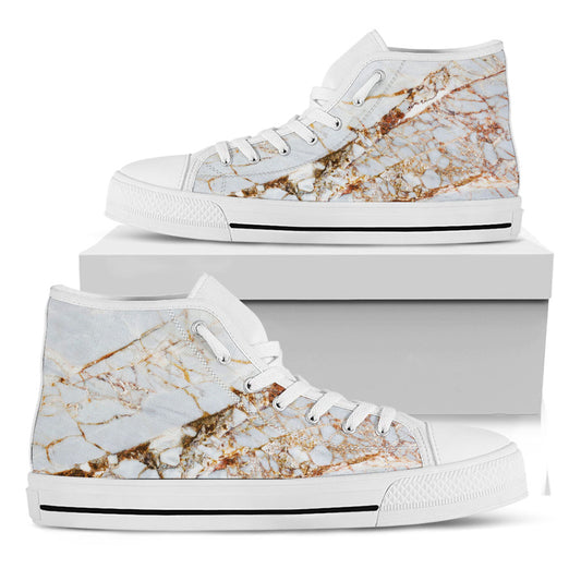 White Gold Grunge Marble Print White High Top Sneakers