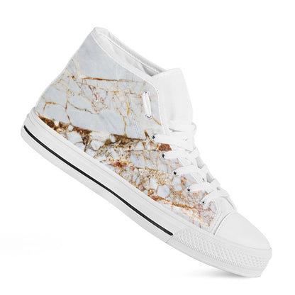 White Gold Grunge Marble Print White High Top Sneakers