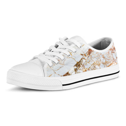 White Gold Grunge Marble Print White Low Top Sneakers