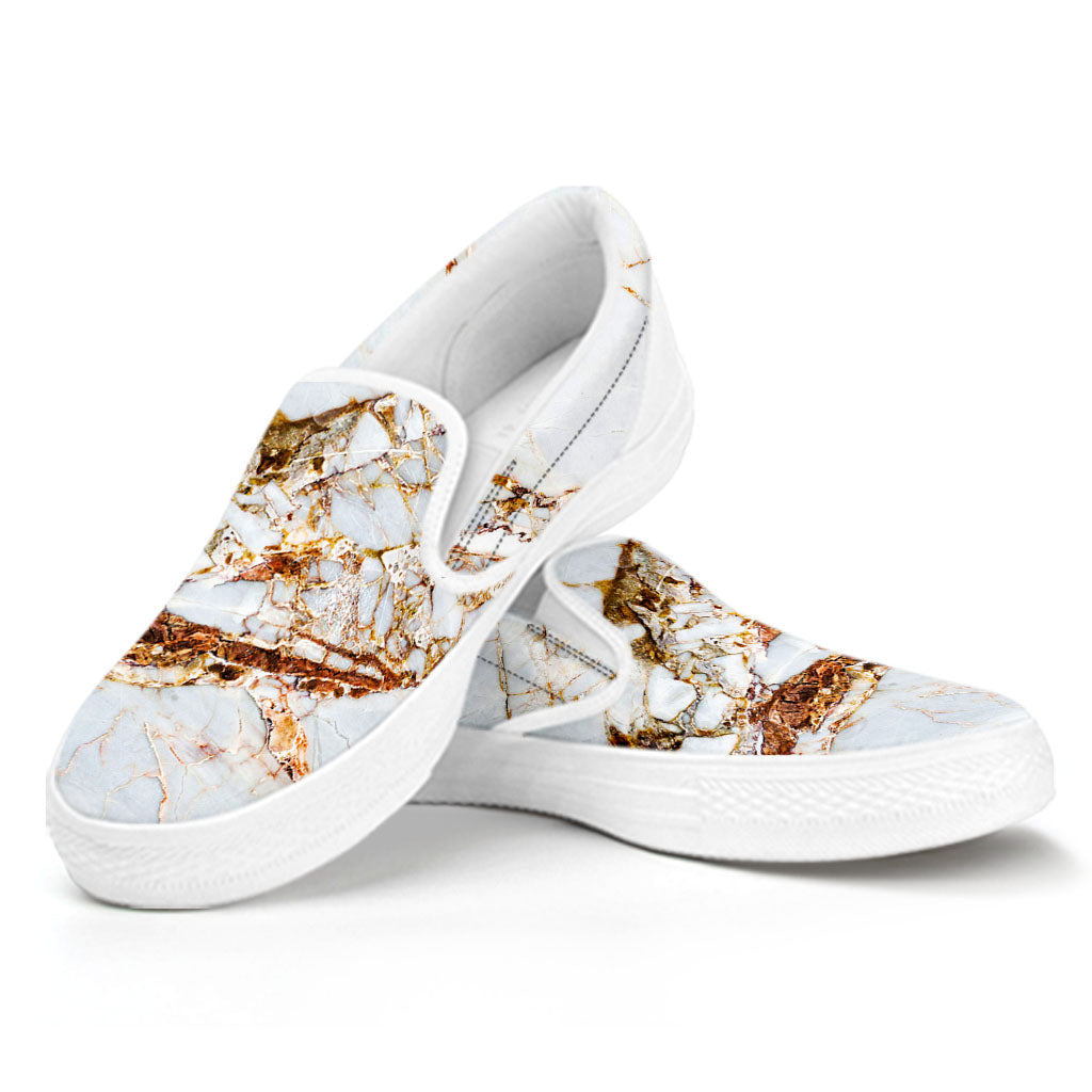 White Gold Grunge Marble Print White Slip On Sneakers