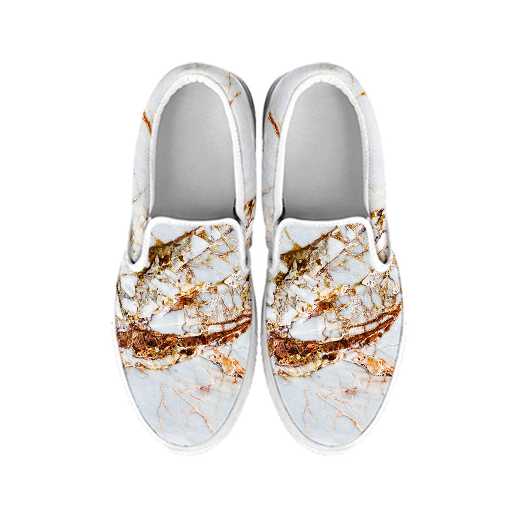 White Gold Grunge Marble Print White Slip On Sneakers