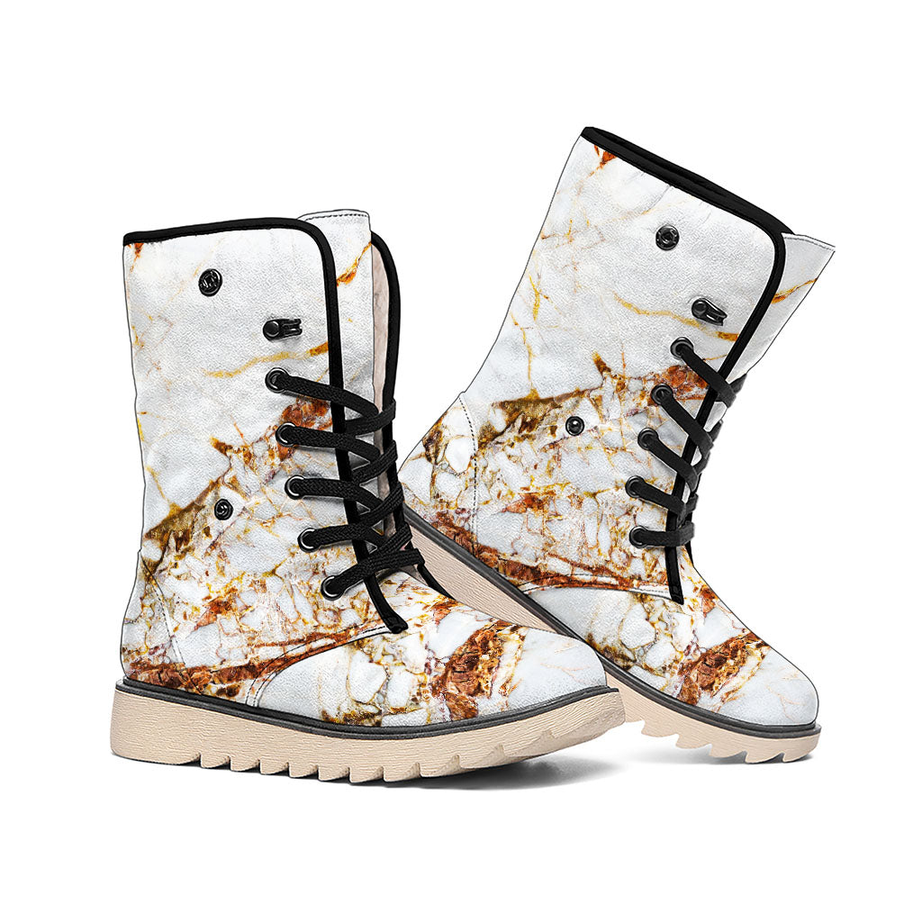 White Gold Grunge Marble Print Winter Boots